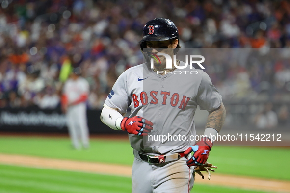 Boston Red Sox Jarren Duran #16 comes off the field during the sixth inning of the baseball game against the New York Mets at Citi Field in...