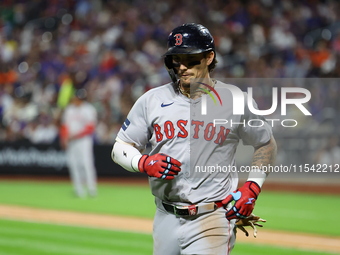 Boston Red Sox Jarren Duran #16 comes off the field during the sixth inning of the baseball game against the New York Mets at Citi Field in...