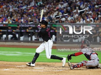 Brandon Nimmo #9 of the New York Mets doubles during the third inning of the baseball game against the Boston Red Sox at Citi Field in Coron...