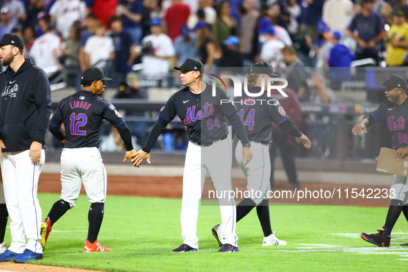 The New York Mets celebrate after their 4-1 win against the Boston Red Sox at Citi Field in Corona, N.Y., on September 2, 2024. 