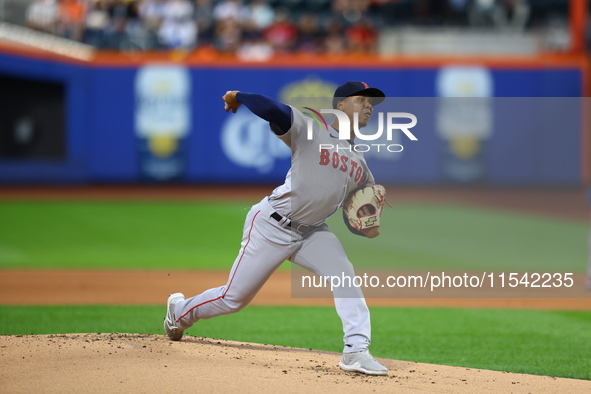 Boston Red Sox pitcher Brayan Bello #66 throws during the second inning of the baseball game against the New York Mets at Citi Field in Coro...