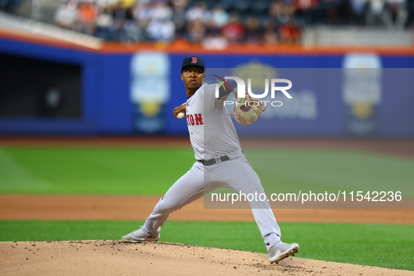 Boston Red Sox pitcher Brayan Bello #66 throws during the second inning of the baseball game against the New York Mets at Citi Field in Coro...