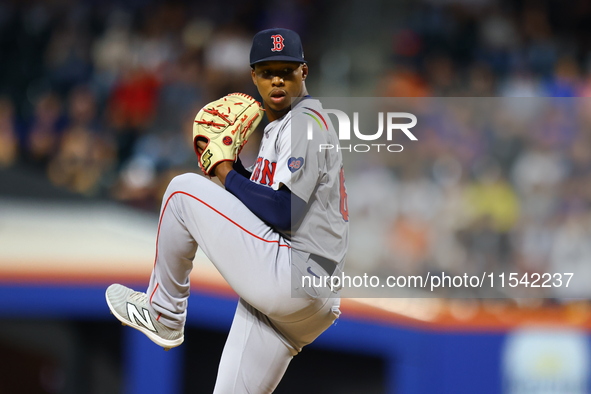 Boston Red Sox pitcher Brayan Bello #66 throws during the second inning of the baseball game against the New York Mets at Citi Field in Coro...