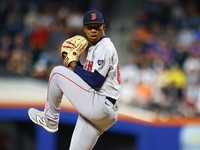 Boston Red Sox pitcher Brayan Bello #66 throws during the second inning of the baseball game against the New York Mets at Citi Field in Coro...