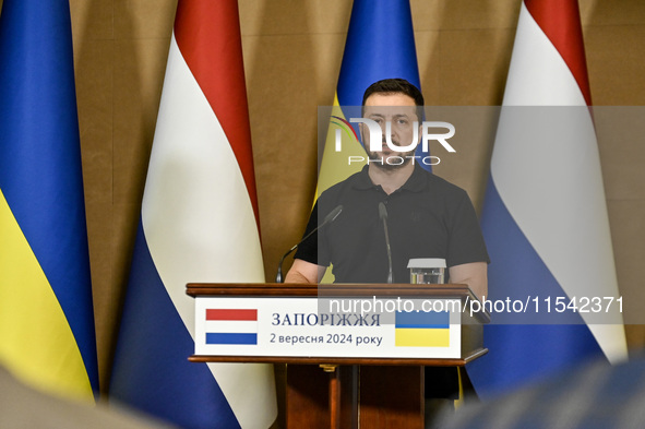 President of Ukraine Volodymyr Zelenskyy speaks during a joint press conference with Prime Minister of the Netherlands Dick Schoof in Zapori...