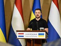 President of Ukraine Volodymyr Zelenskyy speaks during a joint press conference with Prime Minister of the Netherlands Dick Schoof in Zapori...