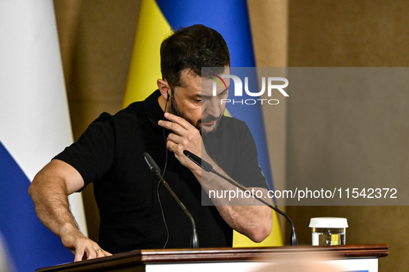 President of Ukraine Volodymyr Zelenskyy is pictured during a joint press conference with Prime Minister of the Netherlands Dick Schoof in Z...