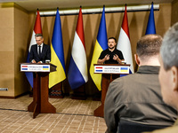 President of Ukraine Volodymyr Zelenskyy (R) and Prime Minister of the Netherlands Dick Schoof are pictured during a joint press conference...