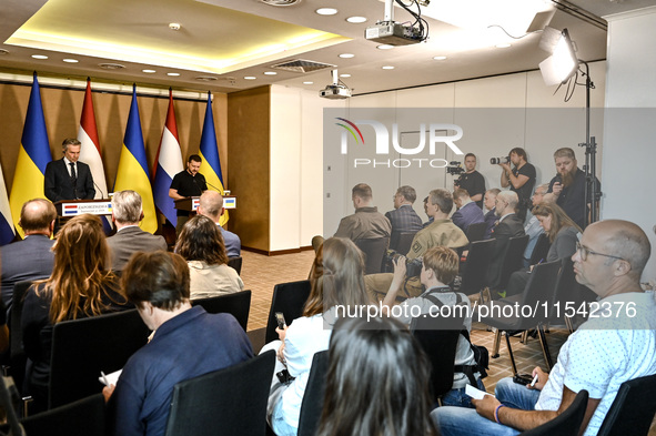 President of Ukraine Volodymyr Zelenskyy (R) and Prime Minister of the Netherlands Dick Schoof are pictured during a joint press conference...