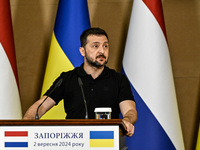 President of Ukraine Volodymyr Zelenskyy is pictured during a joint press conference with Prime Minister of the Netherlands Dick Schoof in Z...