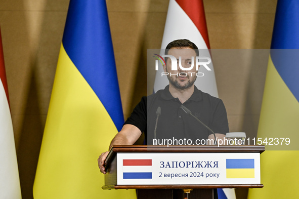 President of Ukraine Volodymyr Zelenskyy speaks during a joint press conference with Prime Minister of the Netherlands Dick Schoof in Zapori...