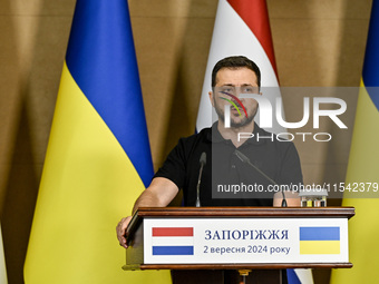 President of Ukraine Volodymyr Zelenskyy speaks during a joint press conference with Prime Minister of the Netherlands Dick Schoof in Zapori...