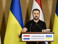 President of Ukraine Volodymyr Zelenskyy speaks during a joint press conference with Prime Minister of the Netherlands Dick Schoof in Zapori...