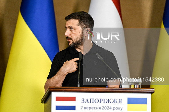 President of Ukraine Volodymyr Zelenskyy speaks during a joint press conference with Prime Minister of the Netherlands Dick Schoof in Zapori...