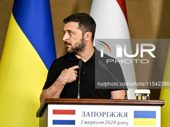 President of Ukraine Volodymyr Zelenskyy speaks during a joint press conference with Prime Minister of the Netherlands Dick Schoof in Zapori...