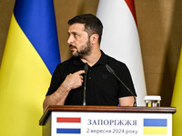 President of Ukraine Volodymyr Zelenskyy speaks during a joint press conference with Prime Minister of the Netherlands Dick Schoof in Zapori...