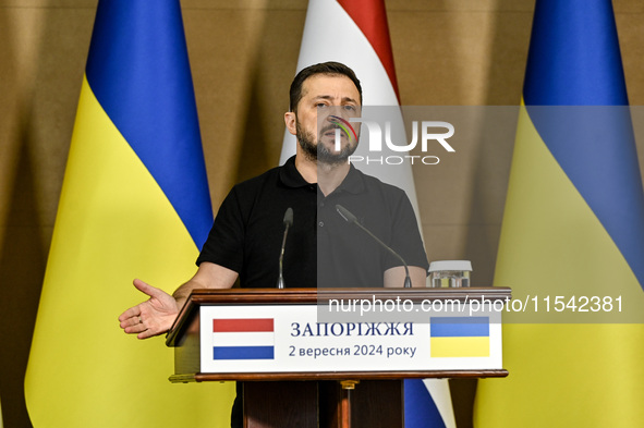 President of Ukraine Volodymyr Zelenskyy speaks during a joint press conference with Prime Minister of the Netherlands Dick Schoof in Zapori...