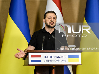 President of Ukraine Volodymyr Zelenskyy speaks during a joint press conference with Prime Minister of the Netherlands Dick Schoof in Zapori...