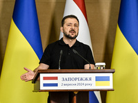 President of Ukraine Volodymyr Zelenskyy speaks during a joint press conference with Prime Minister of the Netherlands Dick Schoof in Zapori...