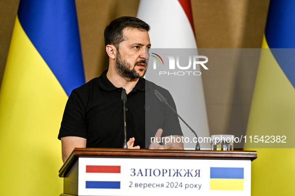 President of Ukraine Volodymyr Zelenskyy speaks during a joint press conference with Prime Minister of the Netherlands Dick Schoof in Zapori...