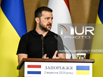 President of Ukraine Volodymyr Zelenskyy speaks during a joint press conference with Prime Minister of the Netherlands Dick Schoof in Zapori...