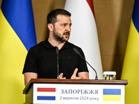 President of Ukraine Volodymyr Zelenskyy speaks during a joint press conference with Prime Minister of the Netherlands Dick Schoof in Zapori...