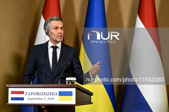 Prime Minister of the Netherlands Dick Schoof speaks during a joint press conference with President of Ukraine Volodymyr Zelenskyy in Zapori...