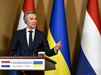 Prime Minister of the Netherlands Dick Schoof speaks during a joint press conference with President of Ukraine Volodymyr Zelenskyy in Zapori...