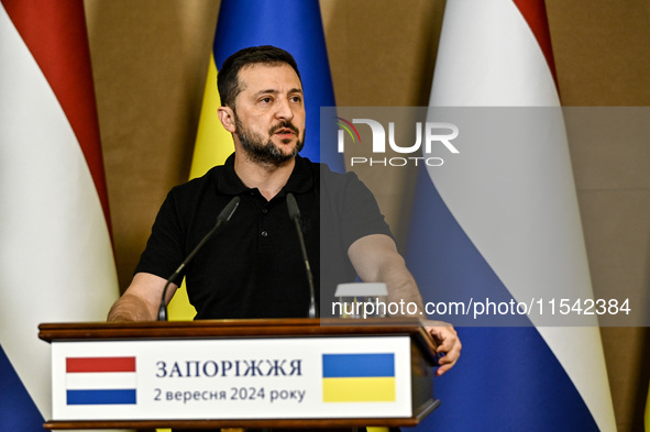 President of Ukraine Volodymyr Zelenskyy speaks during a joint press conference with Prime Minister of the Netherlands Dick Schoof in Zapori...