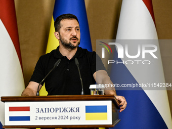 President of Ukraine Volodymyr Zelenskyy speaks during a joint press conference with Prime Minister of the Netherlands Dick Schoof in Zapori...