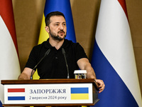 President of Ukraine Volodymyr Zelenskyy speaks during a joint press conference with Prime Minister of the Netherlands Dick Schoof in Zapori...