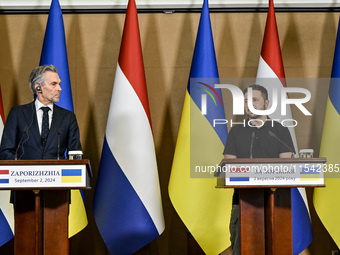 President of Ukraine Volodymyr Zelenskyy (R) and Prime Minister of the Netherlands Dick Schoof are pictured during a joint press conference...