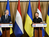 President of Ukraine Volodymyr Zelenskyy (R) and Prime Minister of the Netherlands Dick Schoof are pictured during a joint press conference...