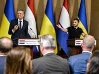 President of Ukraine Volodymyr Zelenskyy (R) and Prime Minister of the Netherlands Dick Schoof are pictured during a joint press conference...