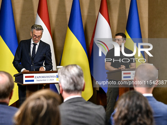 President of Ukraine Volodymyr Zelenskyy (R) and Prime Minister of the Netherlands Dick Schoof are pictured during a joint press conference...