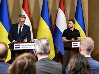 President of Ukraine Volodymyr Zelenskyy (R) and Prime Minister of the Netherlands Dick Schoof are pictured during a joint press conference...