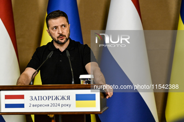 President of Ukraine Volodymyr Zelenskyy speaks during a joint press conference with Prime Minister of the Netherlands Dick Schoof in Zapori...