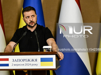 President of Ukraine Volodymyr Zelenskyy speaks during a joint press conference with Prime Minister of the Netherlands Dick Schoof in Zapori...