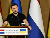 President of Ukraine Volodymyr Zelenskyy speaks during a joint press conference with Prime Minister of the Netherlands Dick Schoof in Zapori...