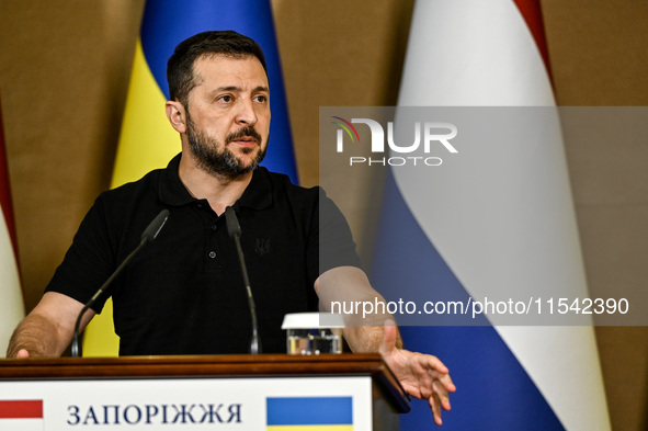 President of Ukraine Volodymyr Zelenskyy speaks during a joint press conference with Prime Minister of the Netherlands Dick Schoof in Zapori...