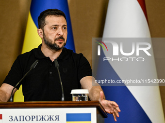 President of Ukraine Volodymyr Zelenskyy speaks during a joint press conference with Prime Minister of the Netherlands Dick Schoof in Zapori...