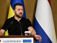 President of Ukraine Volodymyr Zelenskyy speaks during a joint press conference with Prime Minister of the Netherlands Dick Schoof in Zapori...