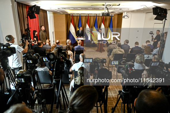 President of Ukraine Volodymyr Zelenskyy (R) and Prime Minister of the Netherlands Dick Schoof are pictured during a joint press conference...