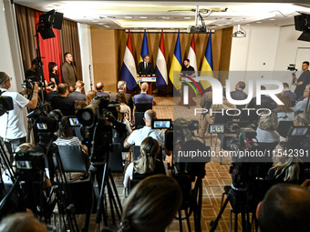 President of Ukraine Volodymyr Zelenskyy (R) and Prime Minister of the Netherlands Dick Schoof are pictured during a joint press conference...