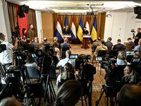 President of Ukraine Volodymyr Zelenskyy (R) and Prime Minister of the Netherlands Dick Schoof are pictured during a joint press conference...