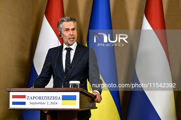 Prime Minister of the Netherlands Dick Schoof speaks during a joint press conference with President of Ukraine Volodymyr Zelenskyy in Zapori...