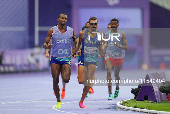 Cesar Julio Agripino Dos Santos of Brazil in action in Men's 1500m - T11 Final during the Paris 2024 Paralympic Games at Stade de France on...