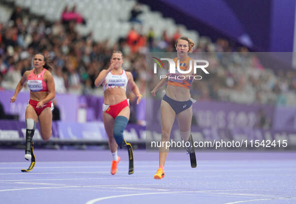 Marlene Van Gansewinkel of Netherlands in action in Women's 200m - T64 Round 1 during the Paris 2024 Paralympic Games at Stade de France on...