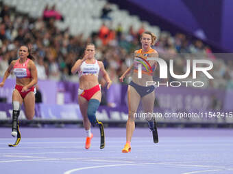 Marlene Van Gansewinkel of Netherlands in action in Women's 200m - T64 Round 1 during the Paris 2024 Paralympic Games at Stade de France on...