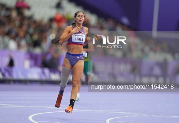 B Hatz of United States of America in action in Women's 200m - T64 Round 1 during the Paris 2024 Paralympic Games at Stade de France on Sept...